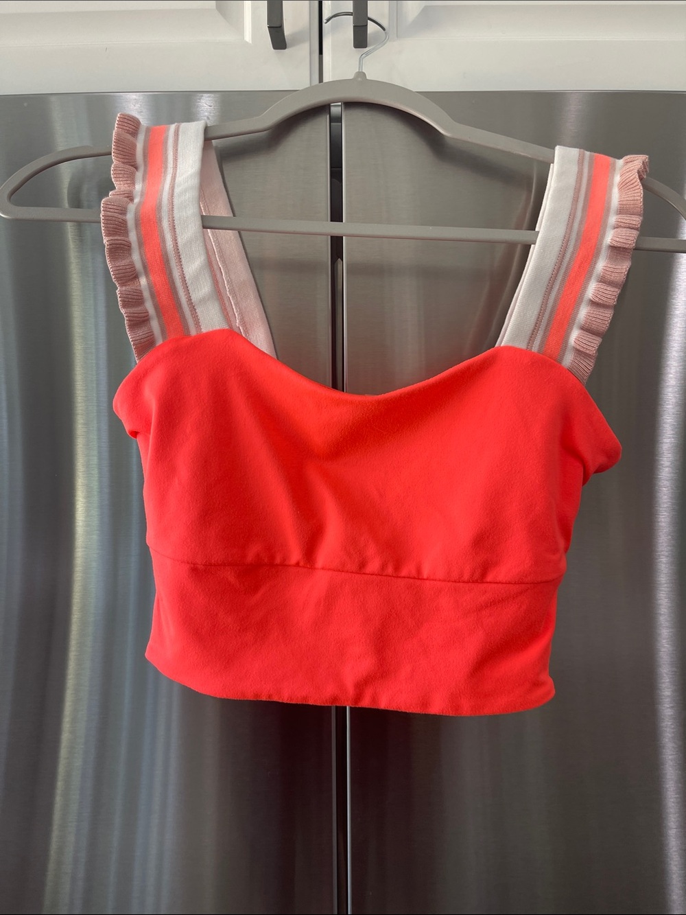 Free People Bright Coral Crop Top with Striped Ruffle Straps